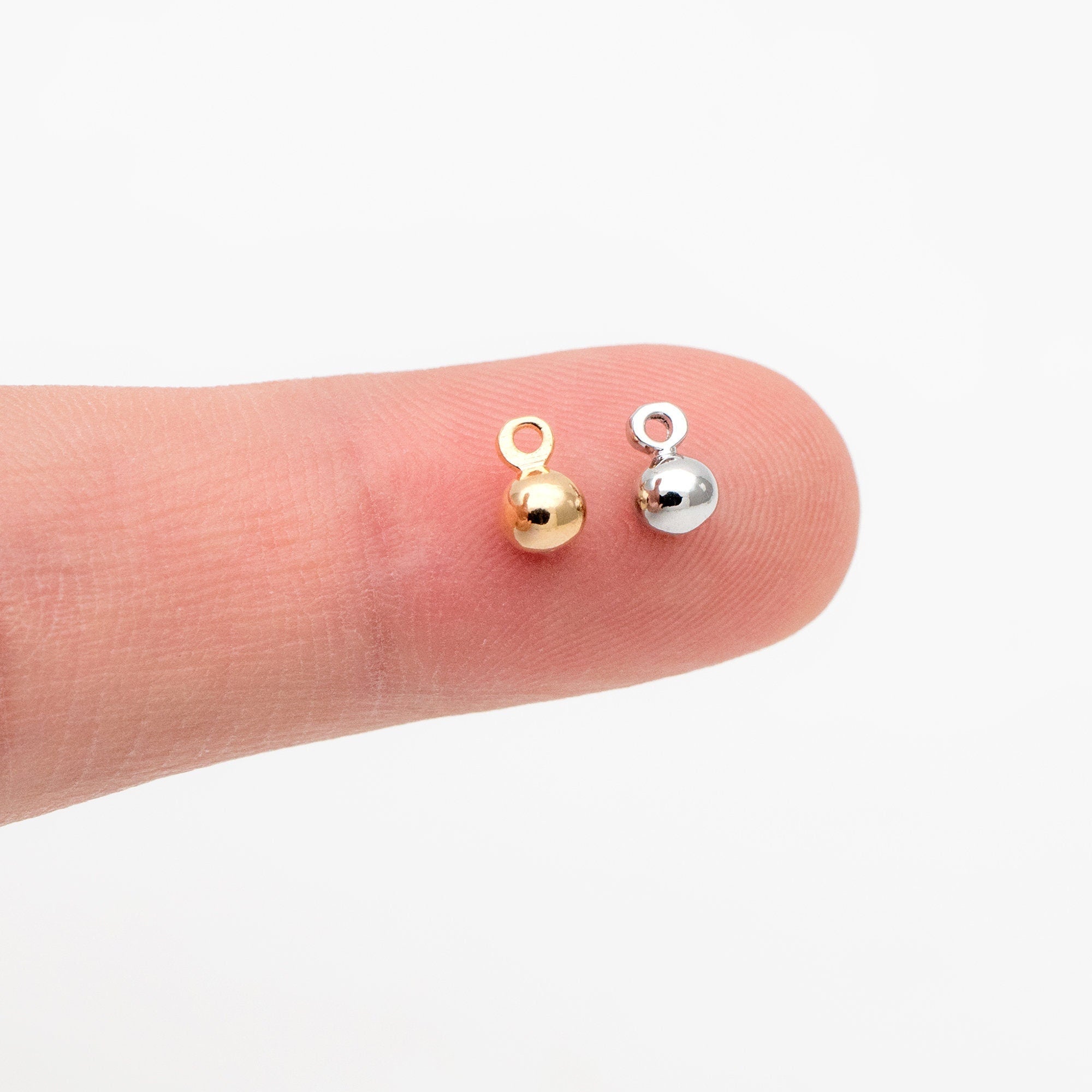 10pcs Mini Round Gold/ Silver Ball Charms 6x4mm DANGLE with Loop, Real Gold/ Rhodium plated Brass Tiny Drop Beads, Lead Nickel Free (GB-081)